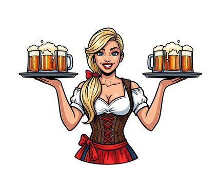 Smiling woman in dirndl holding trays with beer mugs, Oktoberfest celebration