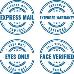 Obraz premium Set of four circular blue rubber stamps displaying important office and security documentation status labels