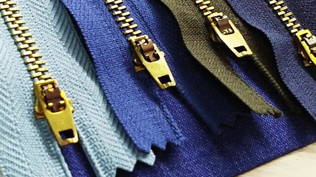 Colorful Metal Zippers for Sewing and Fashion Design.Close-up of colorful fabric zippers with shiny metal teeth and golden sliders arranged in a row