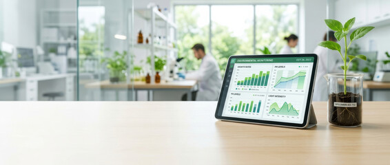 Fototapeta premium Biotechnology laboratory tablet displaying environmental data and plant growth charts with
