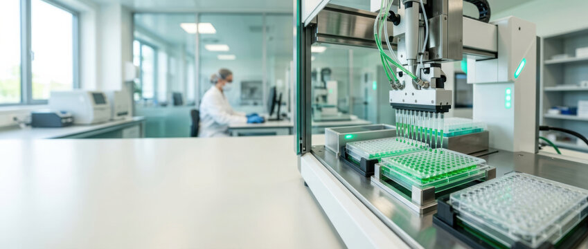 Biotechnology laboratory automated pipetting workstation with scientist background working calmly