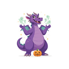 Fototapeta premium Cute purple dragon character standing next to a small carved jack-o-lantern pumpkin with friendly ghosts floating in the air for halloween party