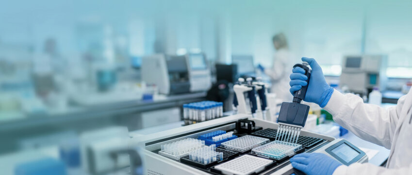 Biotechnology laboratory scientist pipetting samples into microplate for analysis and research