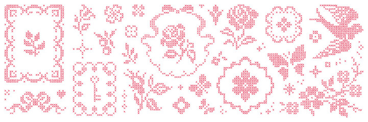 Hand drawn cross-stitch embroidery element asset pack. Frame, bow, butterfly, bird, flower, pattern and ornament. Isolated vector shape © gorozhinak