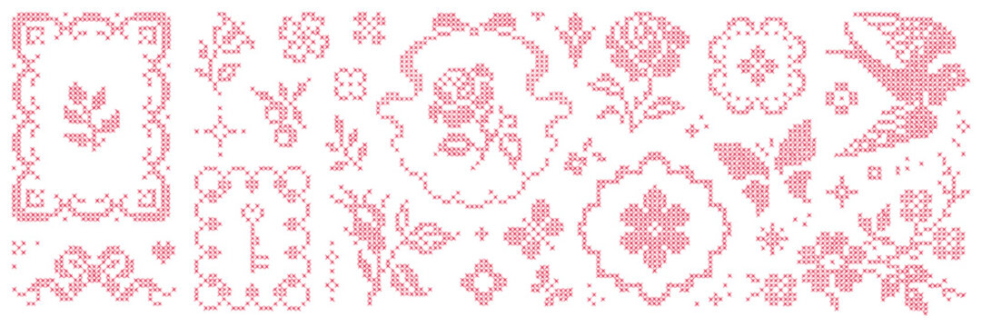 Hand drawn cross-stitch embroidery element asset pack. Frame, bow, butterfly, bird, flower, pattern and ornament. Isolated vector shape