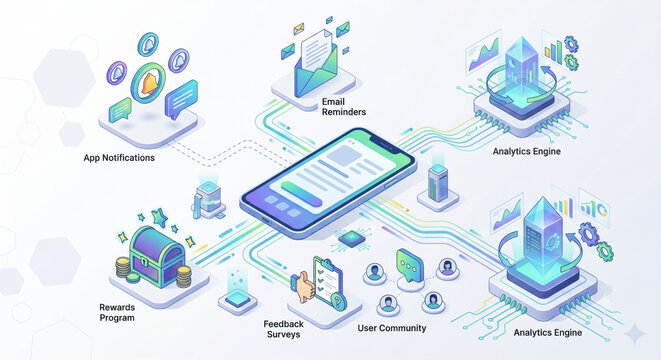 App journey diagram from onboarding to habit with triggers, cues and messages across channels.