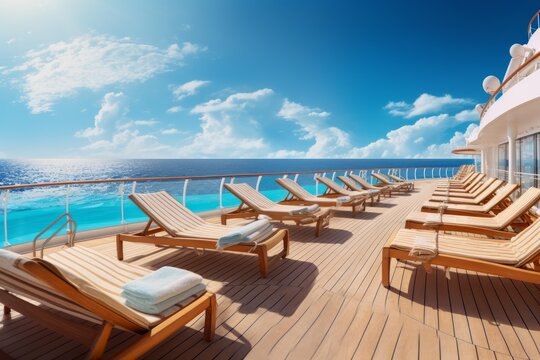Empty lounge chairs sitting on a cruise ship deck overlooking the vast blue ocean with a clear sky