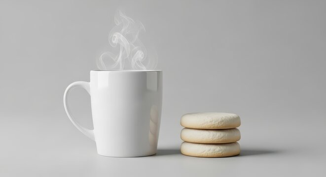 Steaming coffee mug with sweet macarons.