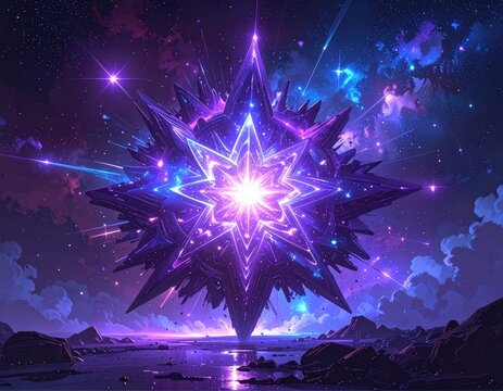 Crystalline cosmic entity radiates vibrant purple light over alien landscape