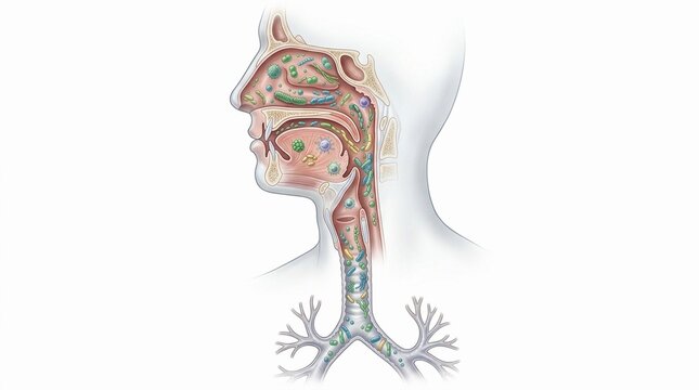 Human respiratory tract and nasal cavity with microbiome microbes