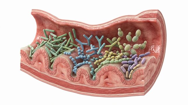 Diverse microbial colonies in the fold of the intestinal wall