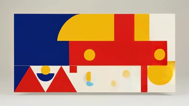 Bauhaus style 2D animation of moving colorful geometric shapes on a light cream canvas. Retro abstract motion design with copy space, perfect for education, tech, and creative marketing.