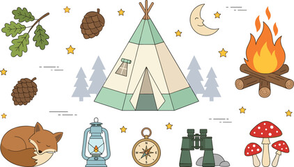 Cute camping adventure vector collection featuring teepee tent campfire fox lantern compass mushrooms and woodland outdoor illustrations © Shabita
