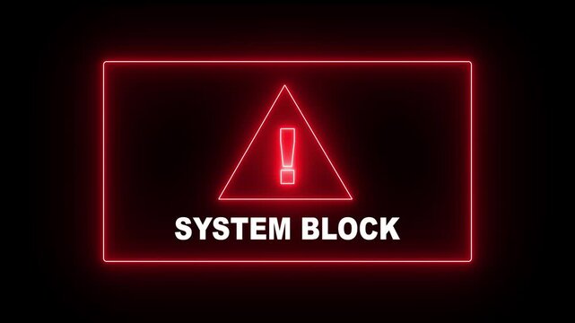 Glowing neon system block attempting to break into a digital animation system with a lock icon on the screen, and a warning message appearing as the system block the breach.computer code and dark .