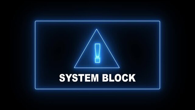 Glowing neon system block attempting to break into a digital animation system with a lock icon on the screen, and a warning message appearing as the system block the breach.computer code and dark .