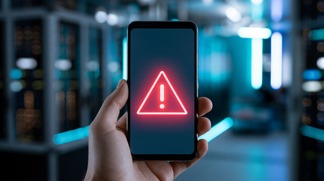 A smartphone with a red triangle warning icon is displayed inside the server room of a cybersecurity data center.