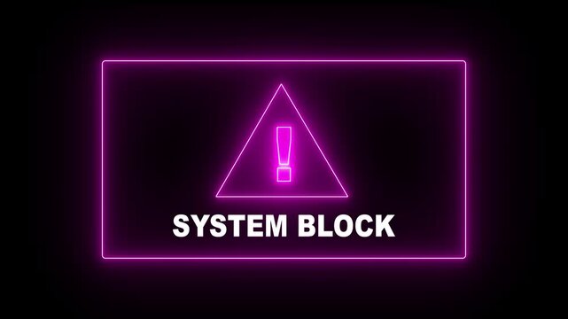 Glowing neon system block attempting to break into a digital animation system with a lock icon on the screen, and a warning message appearing as the system block the breach.computer code and dark.