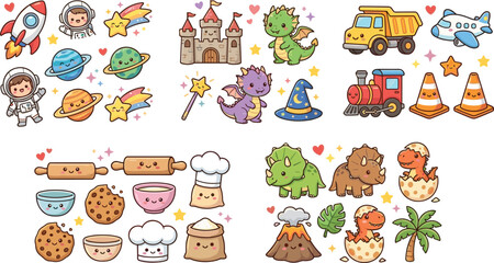 Cute cartoon adventure vector collection featuring astronauts dinosaurs dragons trains baking construction vehicles and fantasy illustrations © Shabita