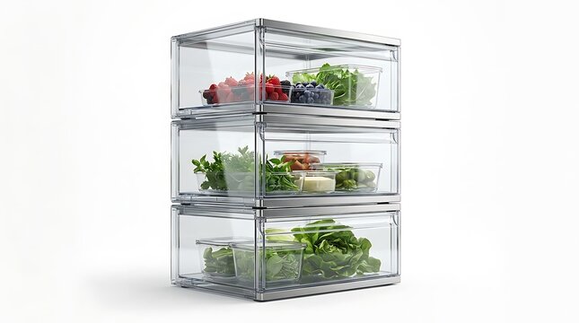 Three stackable clear plastic storage drawers filled with fresh green vegetables and kitchen food. stackable fridge compartments