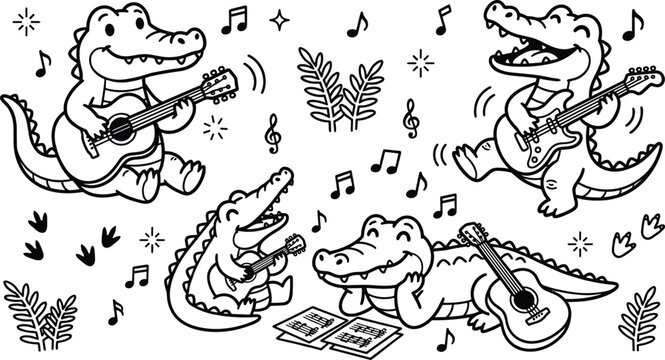 Cute crocodile coloring page vector collection featuring cartoon alligators playing guitar music notes and printable outline activity illustrations