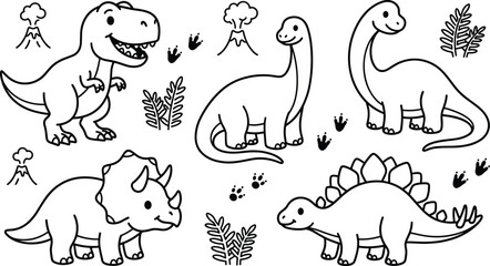 Cute dinosaur coloring page vector collection featuring cartoon T rex triceratops stegosaurus sauropod volcano and prehistoric outline illustrations © Shabita