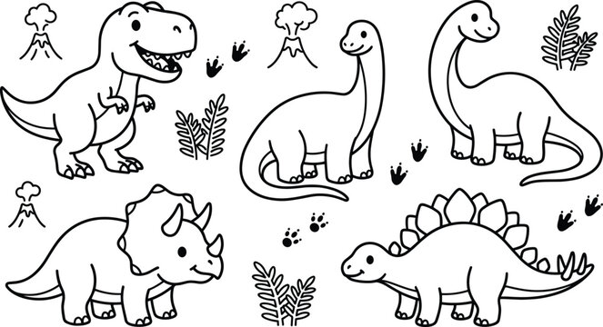 Cute dinosaur coloring page vector collection featuring cartoon T rex triceratops stegosaurus sauropod volcano and prehistoric outline illustrations