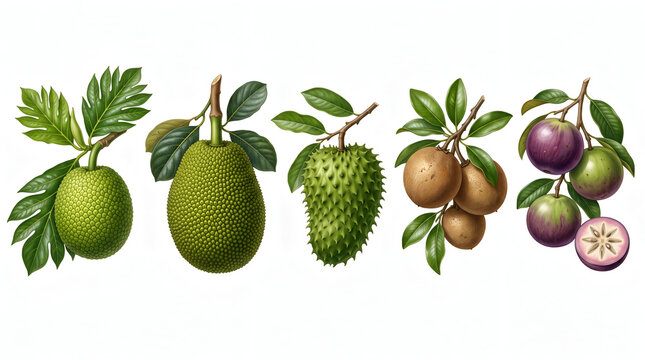 Breadfruit Jackfruit Soursop Sapodilla Star Apple Tropical Fruit Collection Isolated On White Background