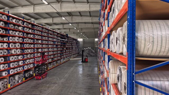 Yarn bobbins are stored on high shelves inside a textile warehouse with forklift operation. This video frame shows stock management, raw material storage, logistics, and industrial warehouse layout.
