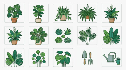 Elegant Collection of Lush Indoor Plants and Gardening Tools in Vibrant Green and Earthy Tones with high quality professional line art symbols for modern creative design and digital branding projects © Asep