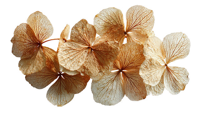 Dried hydrangea petals in muted vintage tones, delicate texture, isolated on transparent background