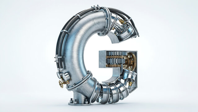 Industrial metal letter g made from stainless steel pipes and mechanical valves