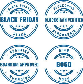 Set of four round blue rubber stamps with black friday blockchain verified boarding approved and bogo text