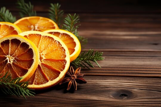 Dried orange slices, star anise, and pine branches arranging festive holiday spices