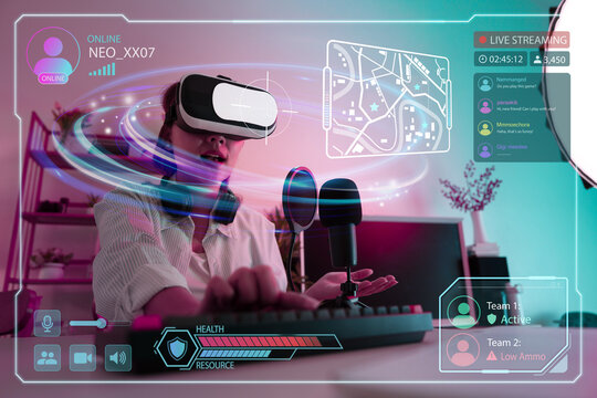 Asian woman wearing VR headset live streaming video game with futuristic HUD interface