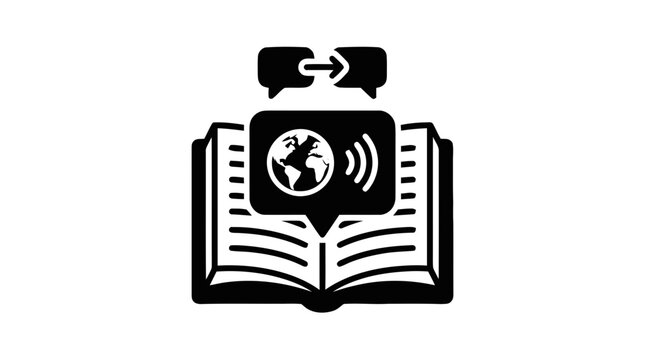 An illustration of a book with a globe and sound waves on a screen shows education technology.
