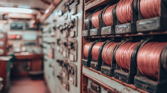 Neatly coiled copper wiring spools on industrial electrical control panel shelves
