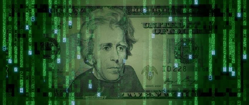 Digital Money Concept with Twenty Dollar Bill made from Animated Numbers and Symbols. Innovative Finance Background.
