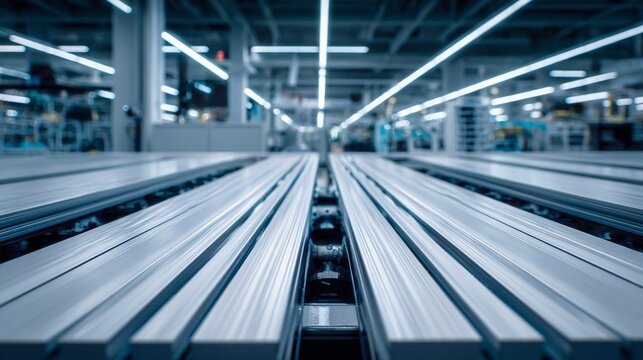 Polished aluminum extrusions arranged in parallel lines within a bright, modern industrial factory setting.