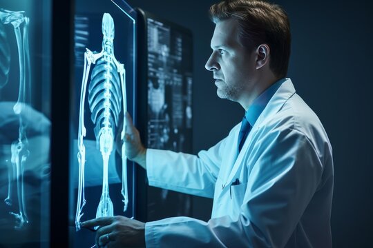 Doctor examining human skeleton x ray data on a futuristic medical display