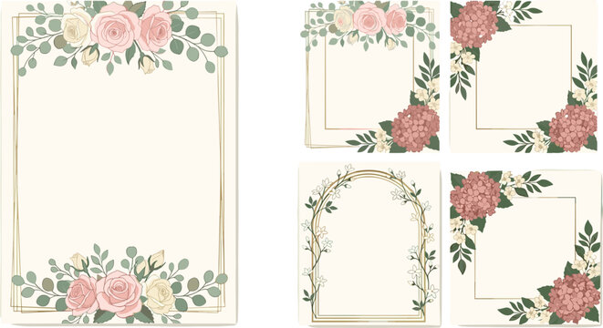 Elegant floral wedding invitation frame vector collection featuring blush roses hydrangeas eucalyptus botanical borders and gold decorative templates