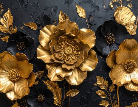 Opulent gold and black floral arrangement on textured dark background