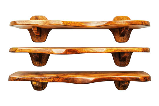 Three rustic wooden floating shelves with natural live edge details and smooth polished surfaces arranged in a stack for interior design display on white background