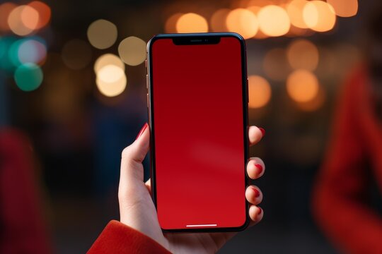 Woman holding a mobile phone with a red blank screen against a blurred night city background