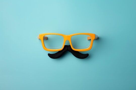 Yellow glasses and a black fake mustache are creating a humorous disguise on a blue background
