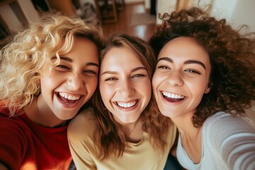 Fototapeta premium Three friends smiling and laughing at the camera, sharing joy