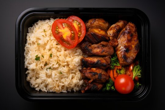 Healthy grilled chicken, rice, and fresh vegetables presented in a black meal prep container