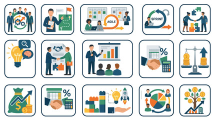 Fototapeta premium Clean Illustrated Infographic Showing 15 Key Business and Project Management Concepts with Icons