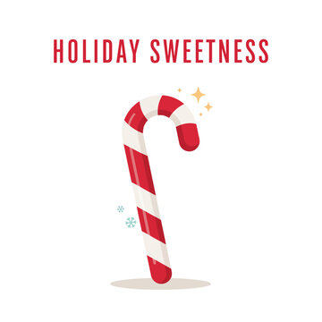 Single red and white striped candy cane with sparkling stars and snowflakes for holiday sweetness and christmas celebration
