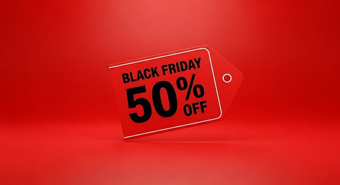 Black Friday sale discount 50 percent off shopping tag on red background