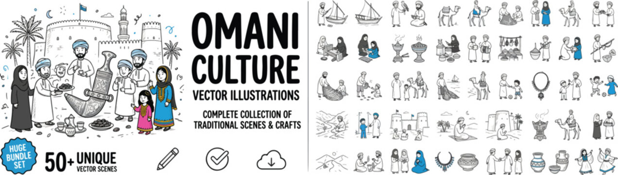Omani Culture doodle Vector Illustrations, 50+ unique traditional scenes and crafts, Middle Eastern heritage collection